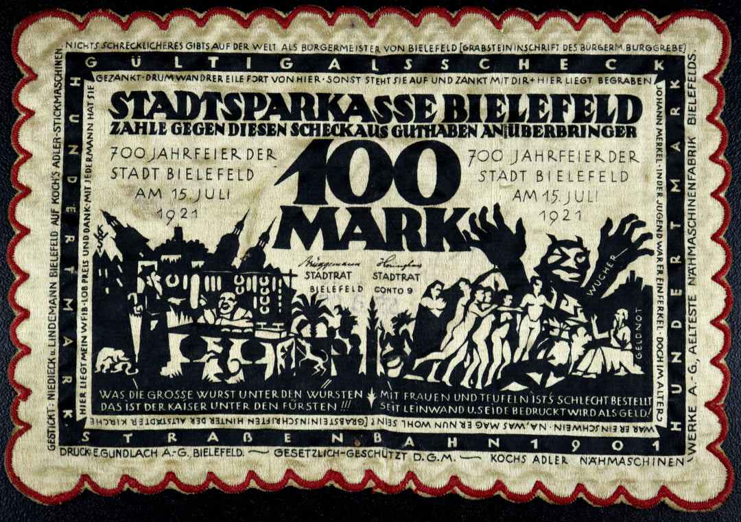 BIELEFELD 1921 SILK + EMBROIDERY! 100 Mark "Smiling Rutabaga" w/date stamp Silk Notgeld Germany