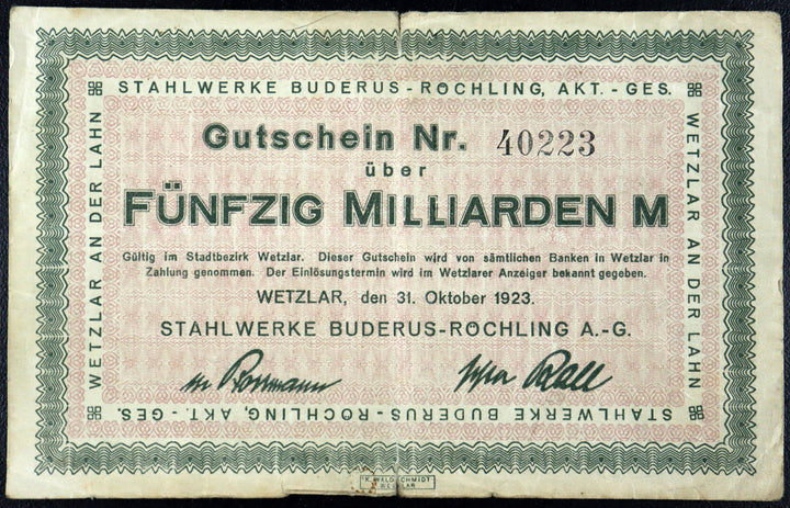 WETZLAR 1923 "Stahlwerke Buderus-Röchling AG" 50 Milliarden = 50 Billion Mark Exceptionally Rare! Inflation Notgeld Banknote Germany